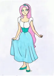 Size: 2497x3499 | Tagged: safe, artist:killerteddybear94, derpibooru import, fluttershy, human, alternate hairstyle, clothes, cute, don bluth, dress, fluttershy day, humanized, image, jpeg, long hair, looking away, shyabetes, thumbelina, thumbelina (1994), traditional art
