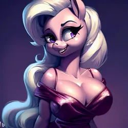 Size: 1024x1024 | Tagged: suggestive, derpibooru import, machine learning generated, stable diffusion, oc, unofficial characters only, anthro, earth pony, pony, anthro oc, big breasts, breasts, bust, cleavage, clothes, dress, evening dress, evening gown, female, gown, image, jpeg, mare, portrait, smiling, solo