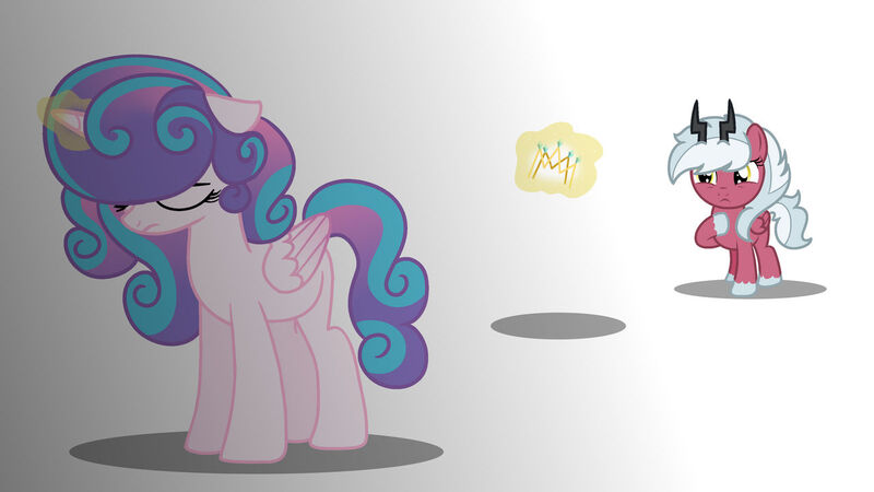 Size: 1280x720 | Tagged: safe, artist:stack-of-cookies, derpibooru import, princess flurry heart, oc, oc:lovely glow, hybrid, pony, base used, image, interspecies offspring, jpeg, magic, offspring, older, parent:cozy glow, parent:lord tirek, parents:cozirek, sad