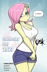 Size: 1165x1756 | Tagged: suggestive, artist:oldskullkid, derpibooru import, fluttershy, human, equestria girls, alternate hairstyle, blushing, breasts, busty fluttershy, cleavage, clothes, denim, denim shorts, erect nipples, female, fluttershy day, image, jpeg, nipple outline, short hair, shorts, solo, solo female, speech bubble, talking to viewer, tanktop, text