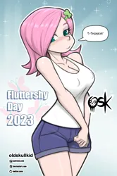 Size: 1165x1756 | Tagged: suggestive, alternate version, artist:oldskullkid, derpibooru import, fluttershy, human, alternate hairstyle, blushing, breasts, busty fluttershy, cleavage, clothes, denim, denim shorts, erect nipples, female, fluttershy day, humanized, image, jpeg, nipple outline, short hair, shorts, solo, solo female, speech bubble, talking to viewer, tanktop, text