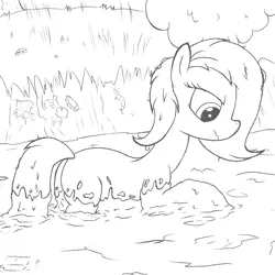 Size: 2400x2400 | Tagged: safe, artist:amateur-draw, derpibooru import, oc, oc:phosphor flame, unofficial characters only, earth pony, pony, female, image, mare, monochrome, mud, mud bath, mud play, mud pony, muddy, png, sink, sinking, solo, wet and messy