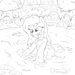 Size: 2400x2400 | Tagged: safe, artist:amateur-draw, derpibooru import, oc, oc:phosphor flame, unofficial characters only, earth pony, pony, covered in mud, female, image, mare, messy mane, monochrome, mud, mud bath, mud play, mud pony, muddy, png, scenery, solo, wet and messy