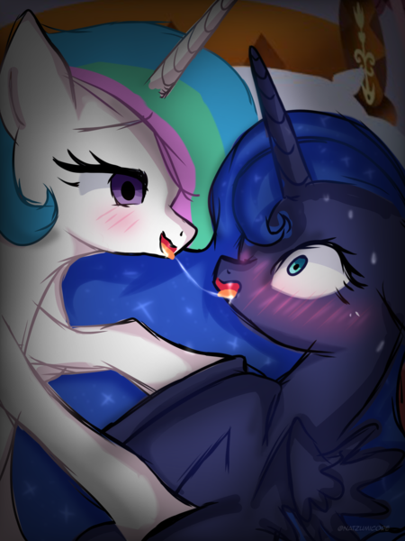 Size: 1536x2048 | Tagged: suggestive, artist:natzumicore, twibooru exclusive, princess celestia, princess luna, alicorn, pony, blushing, drool, drool string, female, french kiss, image, incest, kissing, lesbian, looking at you, mare, png, princest, shipping, siblings, sisters
