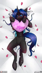 Size: 3000x5120 | Tagged: safe, artist:difis, derpibooru import, oc, oc:swift dawn, unofficial characters only, anthro, changeling, unguligrade anthro, bed, blue changeling, blue mane, blushing, changeling oc, commission, fangs, flower petals, high res, holiday, horn, image, looking at you, lying down, male, on back, png, shy, sign, signature, simple background, smiling, smiling at you, solo, valentine's day, white background, wings, ych result