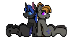 Size: 512x256 | Tagged: safe, artist:bitassembly, derpibooru import, oc, oc:mythic dawn, oc:swift dawn, unofficial characters only, bat pony, changeling, back to back, bat pony oc, bat wings, blue changeling, blue eyes, blue mane, brother and sister, brown mane, changeling oc, commission, duo, fangs, female, hairband, horn, image, looking at each other, looking at someone, male, pixel art, png, ponytail, purple eyes, siblings, simple background, sitting, transparent background, wings, ych result