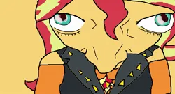 Size: 1022x550 | Tagged: safe, derpibooru import, sunset shimmer, equestria girls, 4chan, image, jpeg, looking at you, ms paint, orange background, simple background, zimbabwe