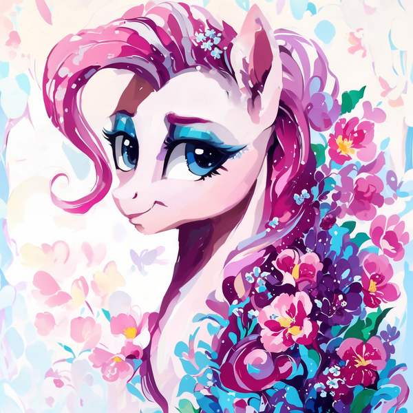Size: 1536x1536 | Tagged: safe, derpibooru import, machine learning generated, purplesmart.ai, stable diffusion, pinkie pie, earth pony, pony, blue eyes, bust, derpibooru exclusive, eyeshadow, female, flower, flower in hair, g4, image, makeup, mare, png, portrait, smiling, solo