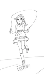 Size: 715x1199 | Tagged: safe, artist:invisibleone11, derpibooru import, diamond tiara, equestria girls, barrette, clothes, cute, diamondbetes, dress, ear piercing, earring, image, jewelry, jpeg, jump rope, jumping, monochrome, piercing, shoes, sidewalk, simple background, sketch, skipping, solo, traditional art