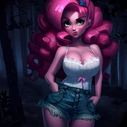 Size: 900x900 | Tagged: suggestive, derpibooru import, machine learning generated, stable diffusion, pinkie pie, equestria girls, legend of everfree, big breasts, breasts, busty pinkie pie, cleavage, clothes, daisy dukes, denim, denim shorts, forest, hand in pocket, image, jeans, jpeg, looking at you, night, pants, shorts, solo, tanktop, tree, wrong eye color