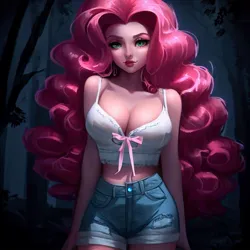 Size: 900x900 | Tagged: suggestive, derpibooru import, machine learning generated, stable diffusion, pinkie pie, human, equestria girls, legend of everfree, big breasts, breasts, busty pinkie pie, cleavage, clothes, daisy dukes, denim, denim shorts, female, forest, image, jeans, jpeg, looking at you, night, pants, shorts, solo, standing, tanktop, tree, wrong eye color