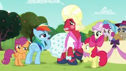 Size: 1280x720 | Tagged: safe, derpibooru import, screencap, apple bloom, big macintosh, rainbow dash, scootaloo, earth pony, pegasus, pony, brotherhooves social, bloomers, clothes, crossdressing, dress, female, filly, foal, image, male, mare, orchard blossom, png, stallion