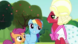 Size: 1280x720 | Tagged: safe, derpibooru import, screencap, big macintosh, rainbow dash, scootaloo, earth pony, pegasus, pony, brotherhooves social, bloomers, clothes, crossdressing, dress, female, filly, foal, image, male, mare, orchard blossom, png, stallion, trio