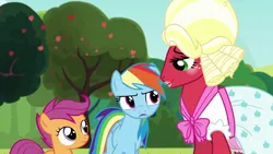 Size: 1280x720 | Tagged: safe, derpibooru import, screencap, big macintosh, rainbow dash, scootaloo, earth pony, pegasus, pony, brotherhooves social, bloomers, clothes, crossdressing, dress, female, filly, foal, image, male, mare, orchard blossom, png, stallion, trio