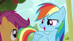 Size: 1280x720 | Tagged: safe, derpibooru import, screencap, rainbow dash, scootaloo, pony, brotherhooves social, apple, duo, female, filly, foal, food, image, open mouth, png
