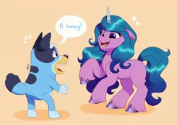 Size: 4096x2896 | Tagged: safe, artist:artharuhi, derpibooru import, izzy moonbow, anthro, dog, pony, unicorn, g5, bluey, crossover, cute, dialogue, duo, happy, heart, image, izzybetes, jpeg, open mouth, open smile, smiling, standing on two hooves, unshorn fetlocks