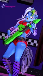 Size: 2160x3840 | Tagged: suggestive, artist:dietshantytown, derpibooru import, trixie, anthro, plantigrade anthro, unicorn, 3d, crossover, female, five nights at freddy's, horn, image, keytar, looking at you, musical instrument, nexgen, outfit, png, solo, solo female, source filmmaker, tail, tongue out