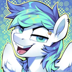 Size: 1000x1000 | Tagged: safe, artist:breloomsgarden, derpibooru import, oc, oc:waterspout, pegasus, pony, avatar, bust, cocky, ear piercing, eyebrow piercing, eyebrows, grin, image, looking at you, male, open mouth, piercing, png, portrait, raised eyebrow, smiling, smiling at you, smug, solo, stallion