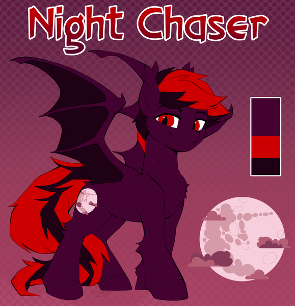 Size: 2800x2900 | Tagged: safe, artist:breloomsgarden, derpibooru import, oc, oc:night chaser, unofficial characters only, bat pony, pony, derpibooru exclusive, image, long hair, long mane, male, moon, png, reference sheet, smiling, solo, stallion, unshorn fetlocks, wings