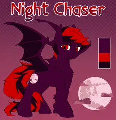Size: 2800x2900 | Tagged: safe, artist:breloomsgarden, derpibooru import, oc, oc:night chaser, unofficial characters only, bat pony, pony, derpibooru exclusive, image, long hair, long mane, male, moon, png, reference sheet, smiling, solo, stallion, unshorn fetlocks, wings