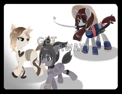 Size: 1300x1000 | Tagged: safe, artist:madokakoaki, derpibooru import, oc, oc:kazane, oc:ohasu, oc:tsukina, unofficial characters only, earth pony, pegasus, pony, unicorn, 8 ball, armor, asian conical hat, bandage, belt, boots, bow, clothes, collar, ear piercing, earring, eyepatch, female, hat, hoof shoes, image, japanese, jewelry, katana, mare, moon runes, mouth hold, necktie, piercing, png, raised hoof, raised leg, running, scared, shoes, simple background, straw hat, sweat, sweatdrop, sword, tail, tail bow, tattoo, trio, weapon, white background