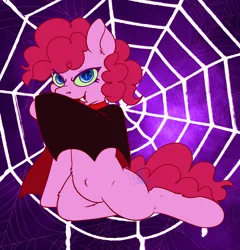 Size: 1825x1904 | Tagged: safe, artist:bluemoon, derpibooru import, pinkie pie, earth pony, pony, cape, clothes, fangs, female, full body, halloween, holiday, image, mare, nightmare night, png, solo, spider web, vampire costume