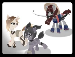Size: 1300x1000 | Tagged: safe, alternate version, artist:madokakoaki, derpibooru import, oc, oc:kazane, oc:ohasu, oc:tsukina, unofficial characters only, earth pony, pegasus, pony, unicorn, 8 ball, armor, asian conical hat, bandage, belt, boots, bow, clothes, collar, ear piercing, earring, eyepatch, female, hat, hoof shoes, image, japanese, jewelry, katana, mare, moon runes, mouth hold, necktie, piercing, png, raised hoof, raised leg, running, scared, shoes, simple background, straw hat, sweat, sweatdrop, sword, tail, tail bow, tattoo, trio, weapon, white background