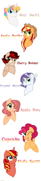 Size: 534x2338 | Tagged: safe, artist:faith-wolff, derpibooru import, oc, oc:apple posey, oc:apple spritz, oc:cherry bomber, oc:crystal waves, oc:cupcake, oc:kindle sparz, oc:star swirl, unofficial characters only, pegasus, pony, unicorn, bust, cowboy hat, female, freckles, grin, hair over one eye, hat, horn, image, male, mare, name, offspring, one eye closed, open mouth, open smile, parent:applejack, parent:big macintosh, parent:cheese sandwich, parent:dumbbell, parent:flim, parent:fluttershy, parent:pinkie pie, parent:rainbow dash, parents:cheesepie, parents:dumbdash, parents:flimjack, parents:fluttermac, pegasus oc, png, simple background, smiling, stallion, transparent background, unicorn oc, wings, wink