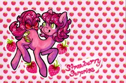 Size: 800x527 | Tagged: safe, artist:plagioclasefeldspar, derpibooru import, strawberry surprise, earth pony, pony, g1, bow, female, food, image, mare, png, raised hoof, raised leg, smiling, strawberry, tail, tail bow, traditional art