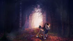 Size: 1280x720 | Tagged: safe, derpibooru import, oc, oc:summer haze, unofficial characters only, kirin, brown coat, female, forest, forest background, image, jpeg, leonine tail, light, lighting, magic, purple hair, purple mane, purple tail, quadrupedal, real life background, solo, tail, tree, white hooves