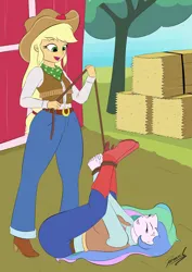 Size: 2480x3508 | Tagged: safe, artist:reminic, derpibooru import, applejack, princess celestia, human, equestria girls, anatomically correct, angry, cowgirl, cowgirl outfit, eyes closed, farm, image, looking down, lying down, nudity, on back, png, principal celestia, rope, smiling, tied up, vulva