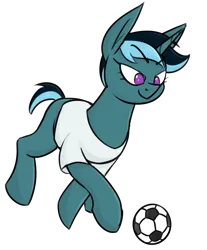 Size: 1032x1249 | Tagged: safe, artist:moonatik, derpibooru import, oc, oc:sol nightshade, pony, unicorn, clothes, fanfic art, foal, football, horn, image, png, shirt, simple background, solo, sports, transparent background, unicorn oc, younger