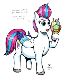 Size: 1279x1458 | Tagged: safe, artist:duragan, derpibooru import, zipp storm, pegasus, pony, g5, belly, chonk, chubby, colored wings, derpibooru exclusive, dialogue, fat, female, folded wings, food, hoof hold, ice cream, ice cream cone, image, implied weight gain, lidded eyes, looking at someone, mare, multicolored mane, multicolored tail, multicolored wings, offscreen character, plump, png, rough sketch, signature, simple background, tail, talking, unshorn fetlocks, weight gain, white background, wings, zipp is a marshmallow, zipp slob