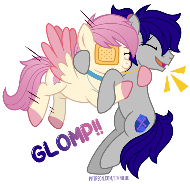 Size: 900x869 | Tagged: safe, artist:jennieoo, derpibooru import, oc, oc:gentle star, oc:maverick, earth pony, pegasus, pony, eyepatch, friends, glomp, happy, hug, image, laughing, png, ponytail, show accurate, simple background, smiling, solo, spread wings, transparent background, wings