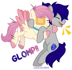 Size: 900x869 | Tagged: safe, artist:jennieoo, derpibooru import, oc, oc:gentle star, oc:maverick, earth pony, pegasus, pony, eyepatch, friends, glomp, happy, hug, image, laughing, png, ponytail, show accurate, simple background, smiling, solo, spread wings, transparent background, wings