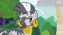 Size: 1280x720 | Tagged: safe, derpibooru import, edit, edited screencap, screencap, zecora, she talks to angel, cute, ear piercing, earring, image, jewelry, necklace, op is a swan (reaction image), piercing, png, reaction image, speech, speech bubble, talking, zecorable