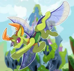 Size: 1958x1882 | Tagged: safe, artist:bryony6210, derpibooru import, thorax, changedling, changeling, changeling hive, changeling horn, changeling king, changeling kingdom, changeling wings, clothes, cloud, cute, digital art, flying, grass, high res, horn, horns, image, king thorax, looking down, male, png, purple eyes, see-through, sky, smiling, solo, sparkles, spread wings, transparent wings, wings
