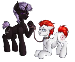 Size: 2328x1920 | Tagged: suggestive, alternate version, artist:leastways, derpibooru import, oc, oc:black onyx, oc:firework star, earth pony, pony, unicorn, collar, gay, image, leash, male, pet play, png