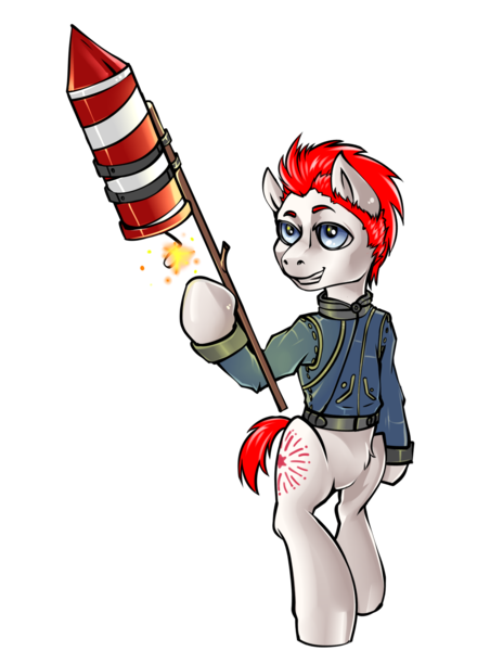 Size: 1461x1938 | Tagged: safe, artist:leastways, derpibooru import, oc, oc:firework star, earth pony, pony, bipedal, clothes, fireworks, image, male, png, solo, this will end in pain, vault suit