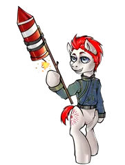 Size: 1461x1938 | Tagged: safe, artist:leastways, derpibooru import, oc, oc:firework star, earth pony, pony, bipedal, clothes, fireworks, image, male, png, solo, this will end in pain, vault suit