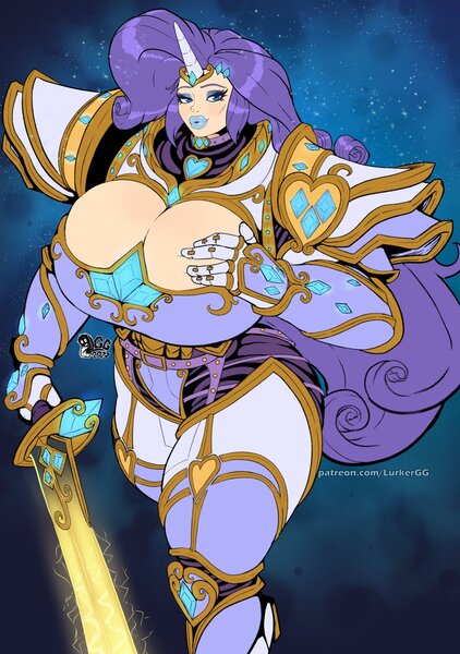 Size: 1054x1500 | Tagged: suggestive, artist:lurkergg, derpibooru import, rarity, human, armor, big breasts, breasts, busty rarity, cleavage, horn, horned humanization, huge breasts, humanized, image, jpeg, space marine, sword, warhammer (game), warhammer 40k, weapon