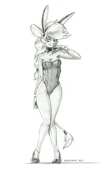 Size: 825x1339 | Tagged: suggestive, artist:baron engel, derpibooru import, applejack, anthro, mouse, bunny suit, clothes, cum, female, image, jpeg, monochrome, mousified, pencil drawing, solo, species swap, traditional art