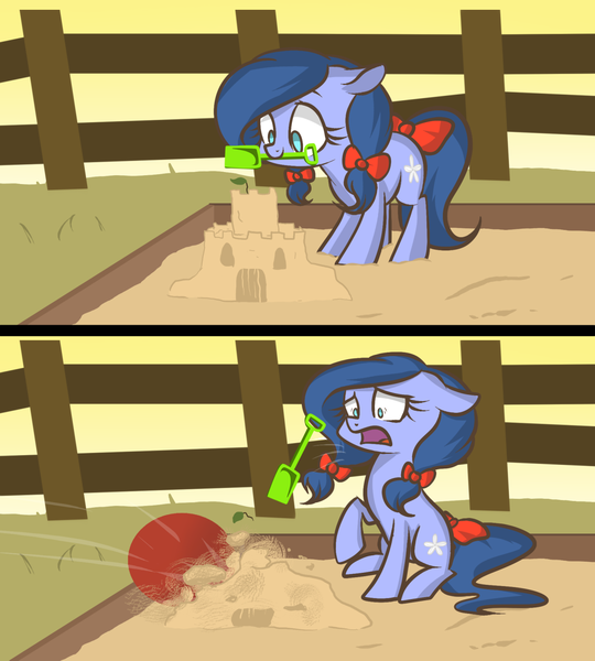 Size: 1280x1422 | Tagged: safe, artist:lolepopenon, derpibooru import, oc, oc:sandy, earth pony, pony, ask billie the kid, ask, ball, bow, hair bow, image, png, sandcastle, shovel, tail, tail bow