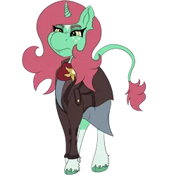 Size: 1000x1000 | Tagged: safe, artist:gray star, derpibooru import, oc, oc:minty shine (graystar), classical unicorn, unicorn, fallout equestria, clothes, cloven hooves, cultist, curved horn, dress, fallout equestria:all things unequal (pathfinder), female, freckles, grumpy, horn, image, jacket, leonine tail, png, simple background, tail, transparent background, unshorn fetlocks, wingding eyes