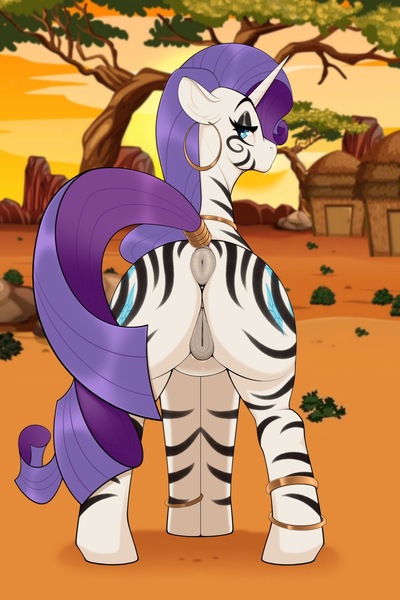 Size: 1062x1593 | Tagged: explicit, artist:bluebender, derpibooru import, rarity, pony, unicorn, anatomically correct, anklet, anus, bodypaint, butt, ear piercing, earring, female, hooped earrings, hut, image, jewelry, jpeg, looking at you, looking back, looking back at you, mare, neck rings, nudity, piercing, ponut, rear view, rearity, ring, solo, solo female, striped, tail, tail ring, vagina, vulva, zebra supremacy