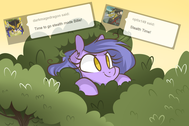 Size: 1280x854 | Tagged: safe, artist:lolepopenon, derpibooru import, oc, oc:billie, earth pony, pony, ask billie the kid, ask, hiding in bushes, image, png