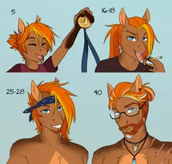 Size: 2478x2359 | Tagged: safe, artist:askbubblelee, derpibooru import, oc, oc:singe, unofficial characters only, anthro, pegasus, pony, age progression, bandana, choker, cigarette, clothes, colt, eyebrow piercing, eyes closed, foal, freckles, glasses, grey hair, image, jewelry, male, man bun, medal, necklace, older, open mouth, partial nudity, piercing, png, ponytail, scar, shark teeth, teenager, tongue out, tongue piercing, topless