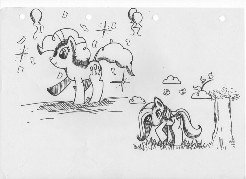 Size: 1280x930 | Tagged: safe, artist:derpydooreviews, derpibooru import, fluttershy, pinkie pie, butterfly, earth pony, insect, pegasus, pony, balloon, cloud, confetti, duo, duo female, female, g4, grayscale, image, jpeg, mare, monochrome, outdoors, raised hoof, smiling, sparkles, tail, traditional art