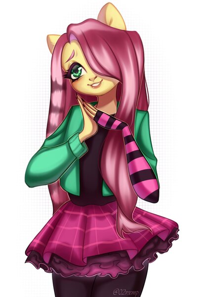 Size: 2328x3333 | Tagged: safe, artist:02vxmp, derpibooru import, fluttershy, anthro, clothes, dtiys, dtiys emoflat, female, hair over one eye, image, jpeg, simple background, skirt, solo, white background