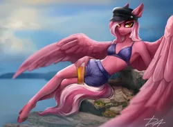 Size: 3000x2200 | Tagged: suggestive, artist:dacsy, derpibooru import, oc, oc:zeny, unofficial characters only, anthro, pegasus, unguligrade anthro, alcohol, beer, belly button, cliff, clothes, ear fluff, female, hat, image, looking at you, lying down, midriff, ocean, png, side, solo, solo female, spread wings, swimming trunks, swimsuit, trunks, water, wings